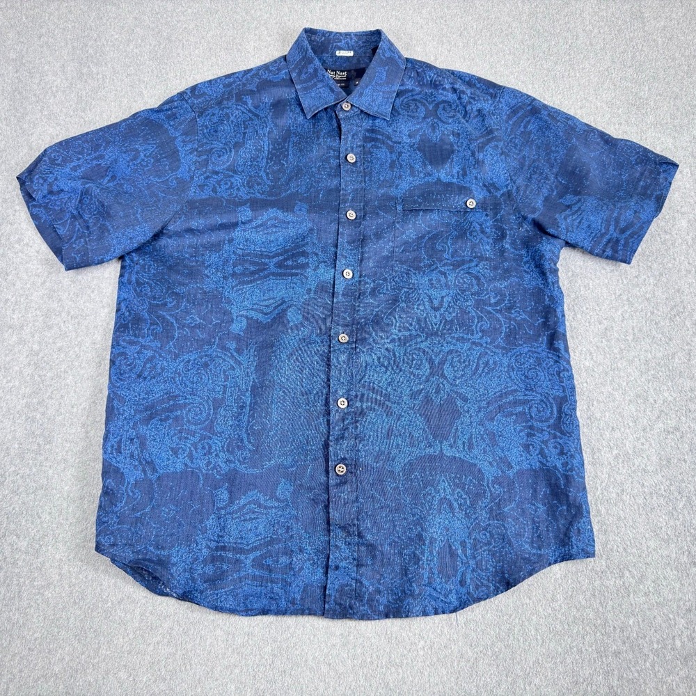 Nat Nast Shirt Mens M Linen American Fit Button Paisley Short Sleeve